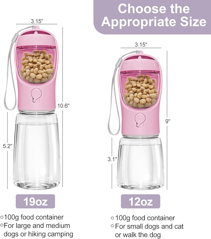 Portable Dog Water Bottle with Food Container, Drinking Bottle for Travel | 2 in 1 Dog Water Bowl, Leak Proof Pet Water Dispenser, BPA Free, Puppy Essentials, for Walking Hiking (Pink,19oz) - Image 3