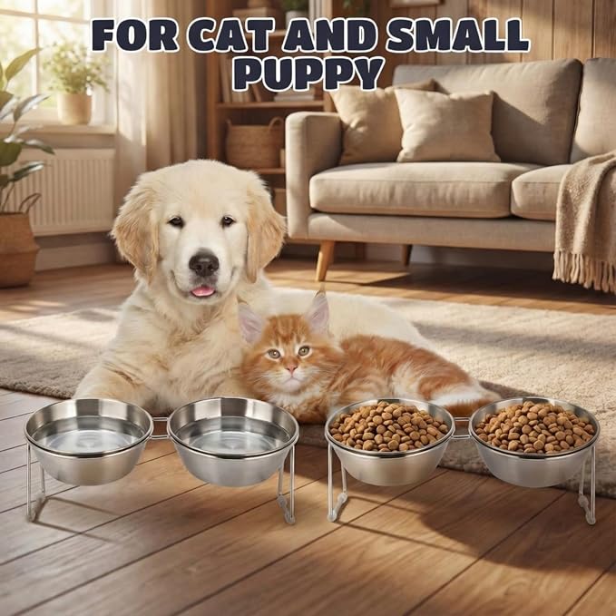 2 Set Elevated Cat Bowls 4.53'' Height Raised Stainless Steel Cat Food Bowls Anti-Slip 15° Tilted Stand Shallow Food and Water Dishes for Kitty and Small Puppy (Double Bowl) - Image 5
