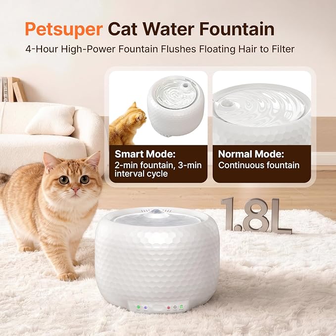 Red Dot Award Cat Water Fountain 1.8L/60oz, Ultra-Quiet Water Pump, Water-Electric Separation & Low Water Auto Shut Off for Cats Small Dogs - Image 3