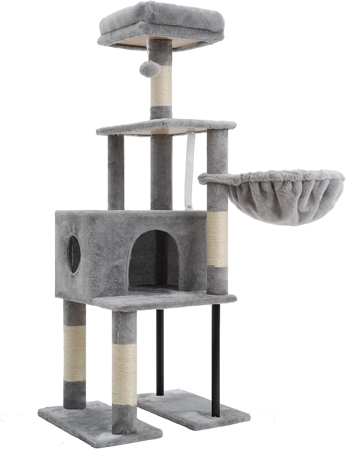 Heybly Cat Tree with Toy, 49.2 inch Cat Tower for Indoor Cats HCT200SW-1 | Spacious Cat House Condo with Hidden Space，Soft Plush Top Perch，Cozy Hammock and Sisal Scratching Posts, Light Gray - Image 3