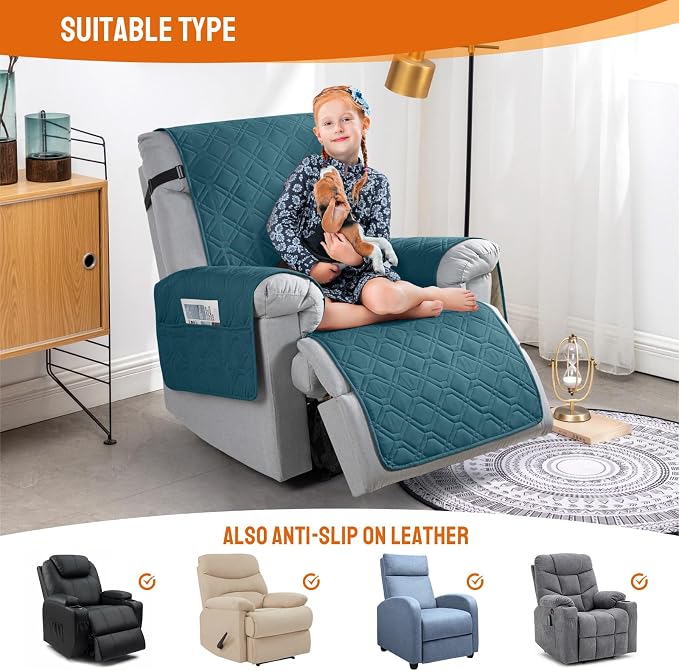 VANSOFY 100% Waterproof Recliner Chair Covers Washable, Peacock Blue, 28" | Non-Slip, Slipcover with Pocket, Furniture Protector, Elastic Straps, Chair Cover for Pets, Dogs - Image 5