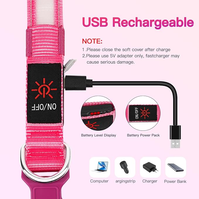 LED Light Up Dog Collar for Night Safety Walks, Pink, L | USB rechargeable, waterproof & pet-safe, 3 lighting modes, long-lasting glow, adjustable S/M/L, soft comfy daily walk fit - Image 7