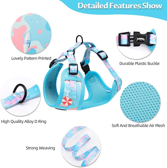 Small Dog Harness and Leash Set of 6, No Pull Soft Lightweight Mesh Puppy Harness， Adjustable Cute Floral Pattern Pet Harness for Small Medium Dogs (Blue Sea, S) - Image 3