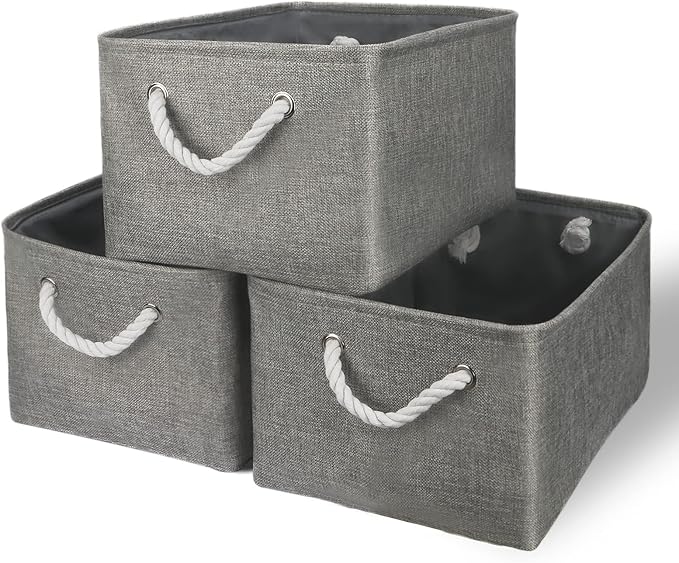 TheWarmHome Storage Bins - Medium 3 Pack Storage Baskets for Organizing Shelves | Fabric Storage Cubes Organizer for Linen Closet Nursery Home Decor Grey by TheWarmHome