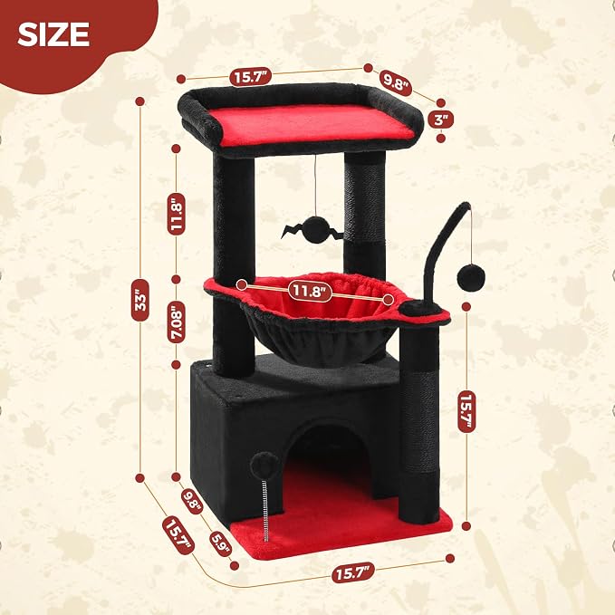 PEQULTI 4-in-1 Gothic Cat Tree for Kittens & Small Cats, 33in Black Tower | Compact 33in cat tower: deep hammock, cozy condo, top perch, sisal post; removable washable cover; wide base for small cats - Image 3