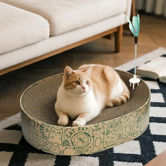 Cat Scratcher Cardboard, 2in1 Oval Cat Scratcher Bed for Indoor Cats Cat, Scratch Pad Bowl with Scratching Toy, Cozy Oval Cat Scratch Bed Furniture for Kittens & Medium Size Cats(Green) - Image 2