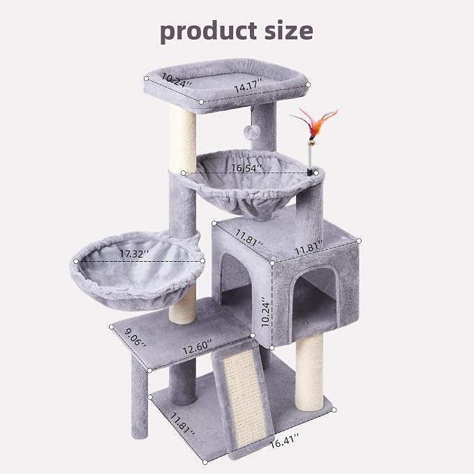 Cat Tree with Cat Condo and Two Hammocks, Cat Tree with Scratching Posts and Scratching Pads, Cat Tower for Indoor Cats, Activity Centre Climbing Tree with Playful Toy Balls, Grey - Image 2