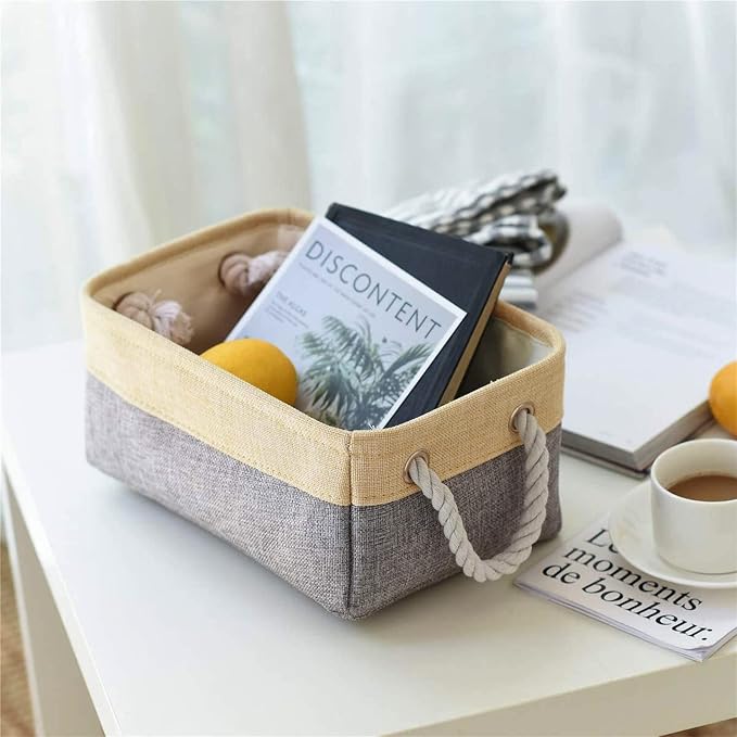 TheWarmHome Decorative Basket Rectangular Fabric Storage Bin Organizer Basket with Handles for Clothes Storage (Gold&Grey, Medium-1Pack,13.8L*9.8W*6.7H) - Image 7