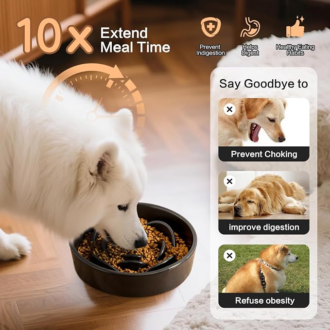 8.25'' Ceramic Slow Feeder Dog Bowls - Petal Shape Modern Dog Food Dish for Medium and Large Breeds, Puzzle Maze Bowl to Slow Down Eating, Anti-Gulping, Dishwasher & Microwave Safe, Black - Image 4