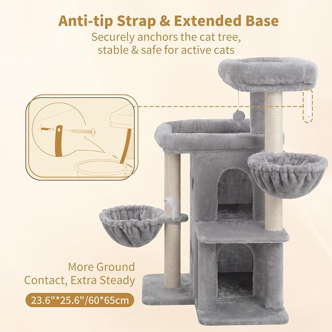 Heybly Cat Tree with Reinforced Big Base, 41.3 in Sturdy Cat Tower HCT075W | Indoor Cat Furniture Featuring 2 Roomy Platforms, Double Condos, 2 Cozy Baskets, Full Sisal Scratching Posts, Light Gray - Image 7