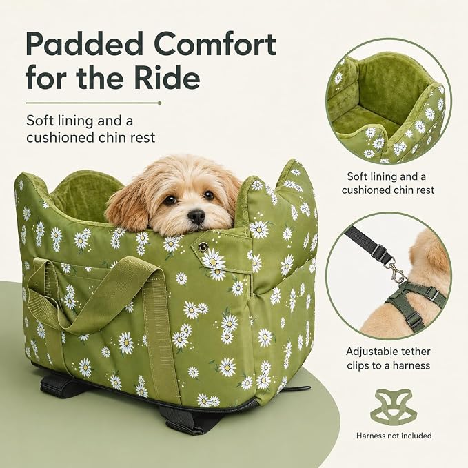 Center Console Dog Car Seat Safe Travel for Small Dogs Under 15 lbs | Detachable Washable Pet Carrier with Storage Pockets & Safety Leash, Light Green - Image 2