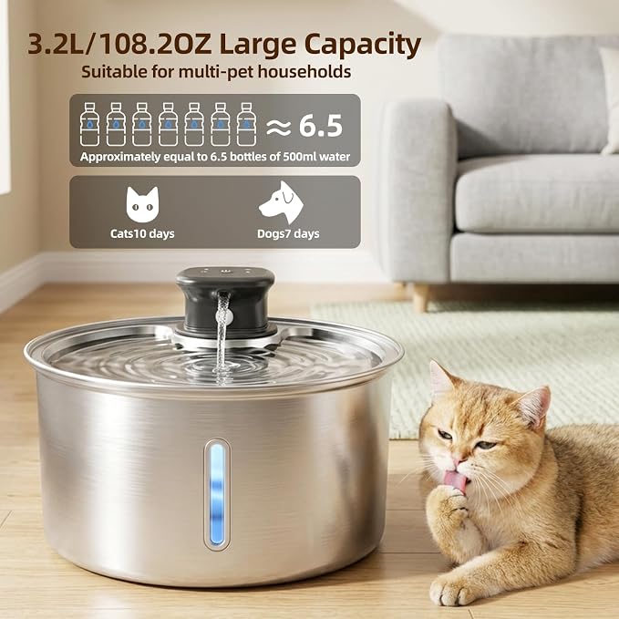 Jzlapro Wireless Cat Water Fountain,108oz Stainless Steel,Battery Operated | 3 Pack Filters | Cordless & Rechargeable | Motion Sensor | BPA-Free | DishwasherSafe | 20dB Ultra-Quiet | 3.2L capacity - Image 6