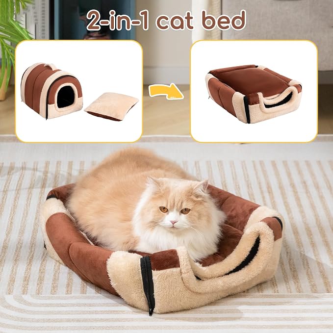 Hollypet Cat Bed Cave for Indoor Cats for Pets up to 20 lbs, Brown | Warm Cat Arched Cave Bed Condo, Covered Kitty House with Removable Washable Cushion, Cozy Enclosed Pet Bed for Small Dogs - Image 6