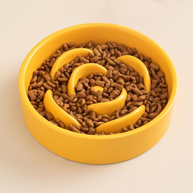6'' Ceramic Slow Feeder Dog Bowls - Petal Shape Modern Dog Food Dish for Cats and Small Breed Dogs, Puzzle Maze Bowl to Slow Down Eating, Anti-Gulping, Dishwasher & Microwave Safe, Yellow - Image 7