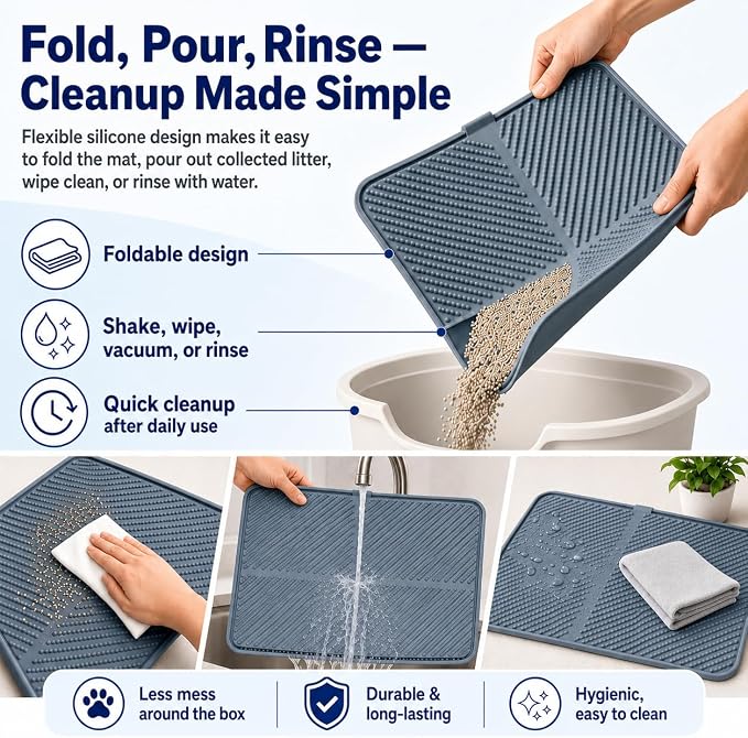 Silicone Cat Litter Mat, 30'' × 23'' Large Waterproof Cat Pad for Litter Box, Easy-Clean Trapping Surface with Raised Edge, Gentle on Paws, Gray - Image 6