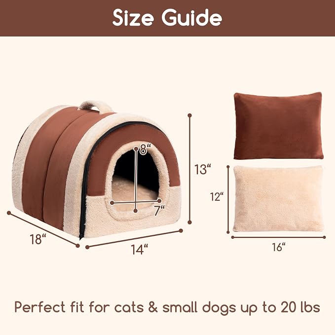 Hollypet Cat Bed Cave for Indoor Cats for Pets up to 20 lbs, Brown | Warm Cat Arched Cave Bed Condo, Covered Kitty House with Removable Washable Cushion, Cozy Enclosed Pet Bed for Small Dogs - Image 3