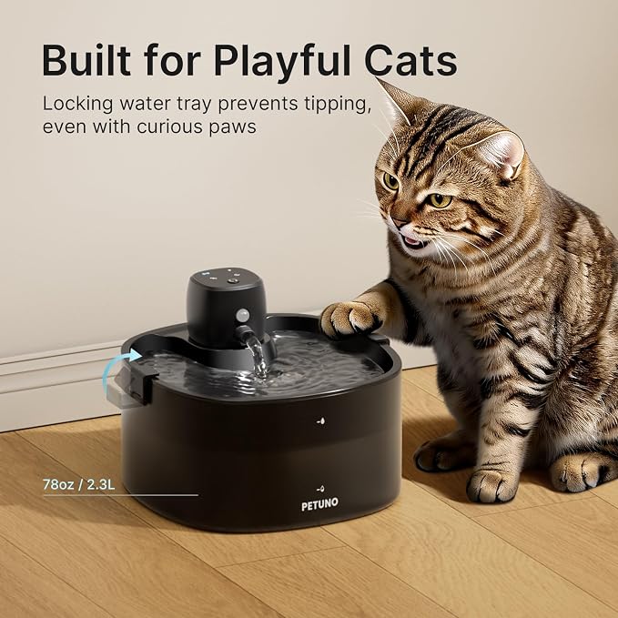 Cordless Cat Water Fountain, Battery Operated, Black, 78oz/2.3L | Wireless Cat Fountain Rechargeable 4000mAh, Motion Sensor, Ultra-Quiet Pump, Locking Lid, Automatic Pet Fountain - Image 6
