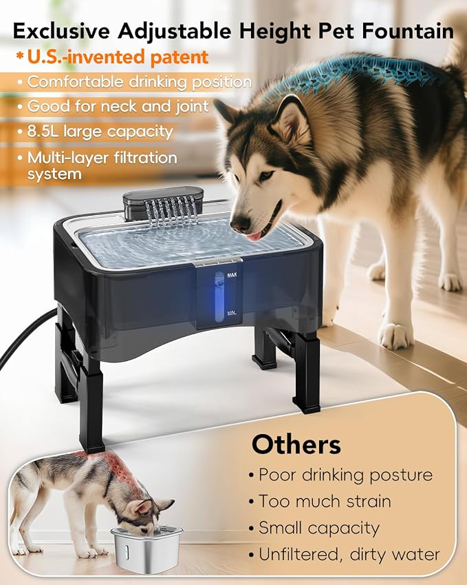 UPSKY 8.5L Elevated Dog Water Fountain with 4 Heights Adjustable, Black | Larger Dog Water Dispenser, 304 Stainless Steel Tray, 5-Layer Filtration, Anti-skid, for Senior/Large Dogs & Multi-pet Homes - Image 4