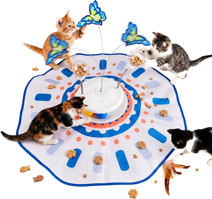 MOHAYA Interactive Cat Toy 5-in-1, Smart Automatic Cat Toys for Bored Indoor Cats, Motion & Sound Activated Toy with Fluttering Butterfly, Moving Feather, Track Balls & Slow Feeder Treat Dispenser by Unknown