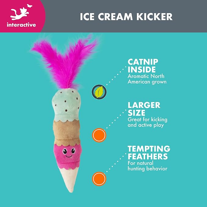 Quirky Kitty Ice Cream Kicker Catnip Crinkle Feather Soft Plush Cat Toy | Large Kicker Cat Toy for Bunny Kicks, Pouncing & Batting | Interactive Catnip Toy for Active Play - Image 2