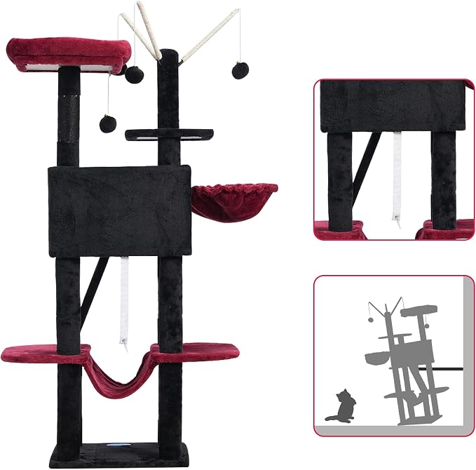 Hey-brother Cat Tree Tower with Padded Platform Bed, Hammock, MPJ019-SBR | 53 Inches Cat House with Large Cozy Condo, Toy Balls and Sisal Scratching Posts for Indoor Multi-Cats, Black and Red - Image 7