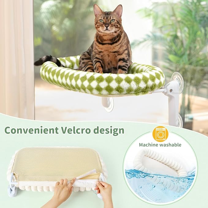 Sunhoo Cat Window Perch Bed Foldable Kitty Windowsill Hammock Shelf Seat Large Cats Suction Cup Indoor Kitten Window Sill Lounger with Soft Plush Cushion Machine Washable 21.26 * 11.8in (Green, M) - Image 5