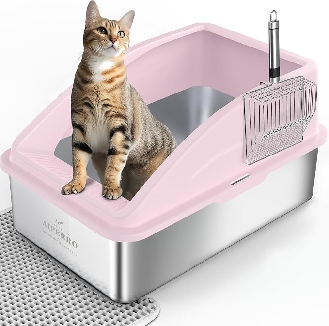 AIPERRO Stainless Steel Litter Box | XL Metal Cat Litter Boxes with Lid | Enclosed High Sided for Big Cats | Anti-Urine Leakage, Non-Stick, Easy to Clean with Litter Mat & Metal Scoop | Cute Pink by AIPERRO