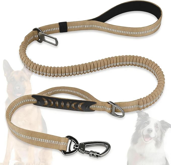 Dog Leash Heavy Duty, Bungee Leash Reflective Car Seat Belt for Dogs Khaki | 4-6FT Strong Shock Absorbing Tactical with 2 Padded Handles, Dog Tug Lead for L XL Dogs Walking Running Training by Misthis