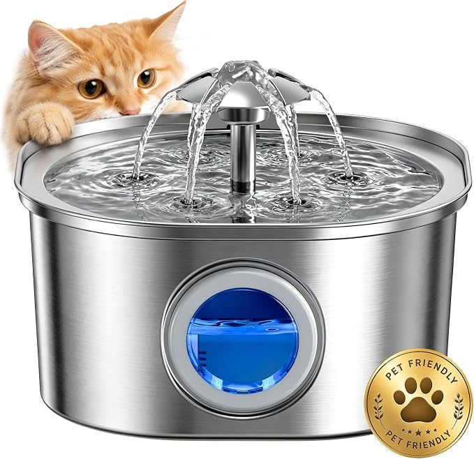 PEKTACO Cat Water Fountain, 3.2L Stainless Steel Pet Fountain, 1 Filter | 108oz capacity, LED water level window, ultra-quiet pump, dishwasher-safe tray, BPA-free, for cats and small dogs by PEKTACO