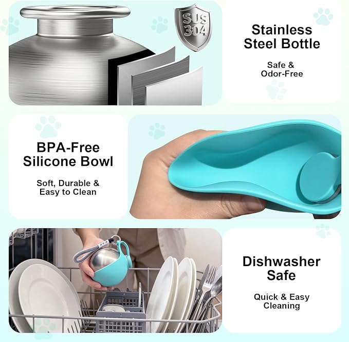 Drain-Back Stainless Steel Portable Dog Water Bottle with Bowl for Walks | 10oz 2-in-1 Leak-proof Pet Water Tumbler, Puppy Water Dispenser Ideal for Small Dogs Travel, Hiking, Park & Beach Trips(Blue) - Image 4