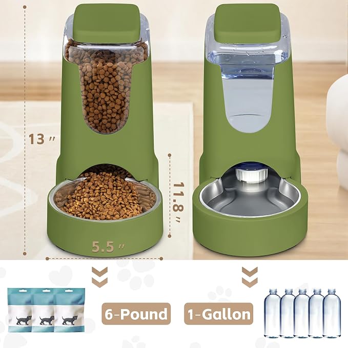 HWONMTE Portable Automatic Cat Feeder and Water Dispenser with Stainless Steel Bowl Dog Gravity Food Feeder and Waterer for Small Medium Pets Puppy Kitten 1 Gallon x 2 (Olive Green) - Image 2