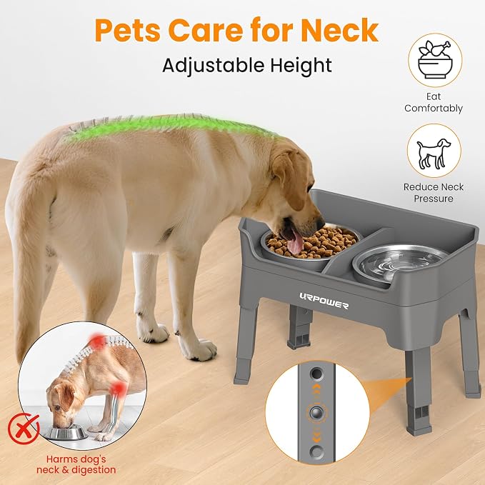 URPOWER Elevated Dog Bowls, 3-in-1 Double Deck Raised Dog Bowl Stand | 4 Height Adjustable Raised Stand with 2 Stainless Steel Food Bowls & Licking Plate for Small, Medium & Large Dogs - Image 6