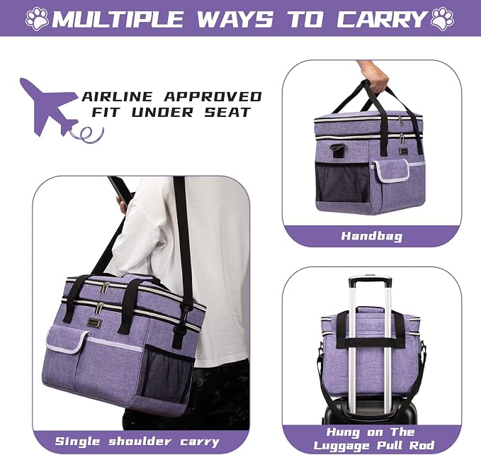BAGLHER Dog Travel Bag for Supplies - Double-Layer Airline Approved Weekend Pet Travel Organizer Set for Dog and Cat Tote with 2 Pet Food Containers and 2 Collapsible Silicone Bowls Purple - Image 6