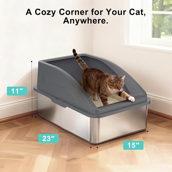 AIPERRO Stainless Steel Litter Box | XL Metal Cat Litter Boxs with Lid | High Sided Litter Box for Big Cats | Anti-Urine Leakage | Non-Stick, Easy to Clean & Odor‑Resistant with Cat Litter Scoop - Image 7