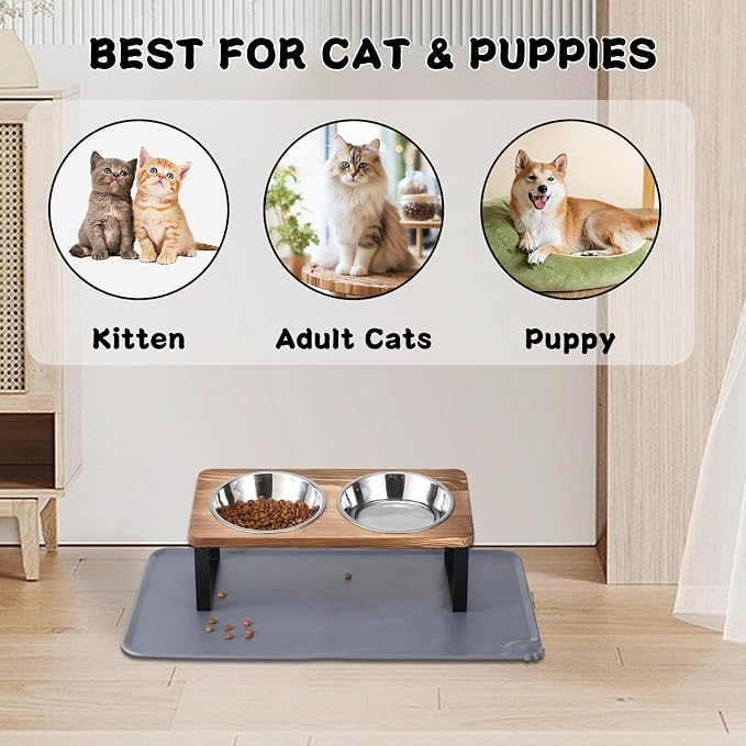 Upgraded Elevated Cat Bowls with Food Mat,15°Tilted Stand Anti Vomiting Raised Cat Dishes for Food and Water,2 Stainless Steel Bowls for Cats and Puppy（Rustic Brown） - Image 6