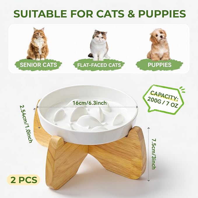 Raised Ceramic Cat Bowls 6.3" Flat & Slow Feeder Bowl (One of Each) | Anti-Gulping & Keep Fit, Water Bowl & Food Bowl, Dishwasher Safe, Neck Protective, Anti Whisker Fatigue - Image 2