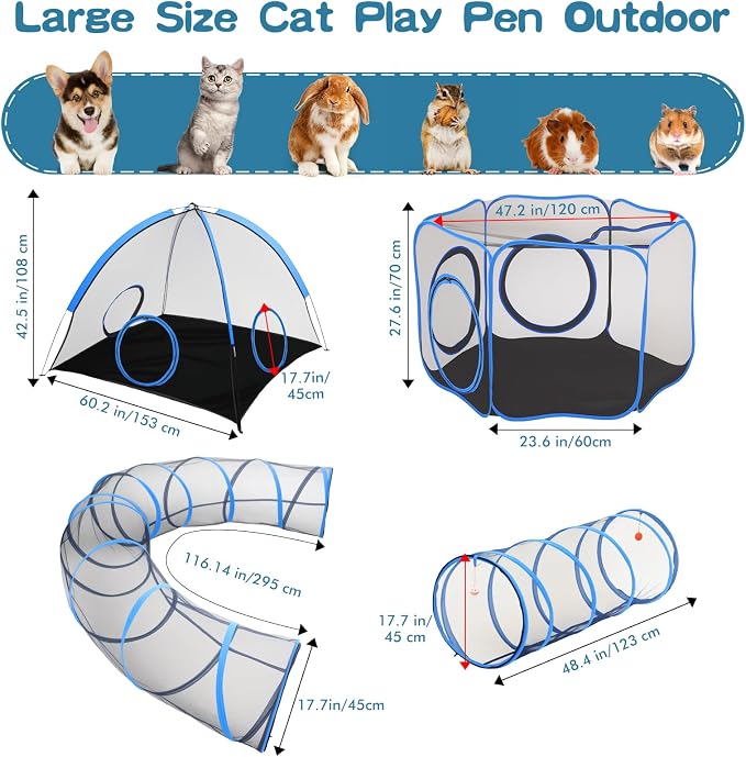 5-in-1 Outdoor Cat Enclosure, Portable Catio Tent with Tunnel | 2 Rooms & 3 Tunnels, Breathable Mesh, Carry Bag, Interactive Toys, Multi-Entry Doors, Indoor & Outdoor Use for Small pets - Image 3