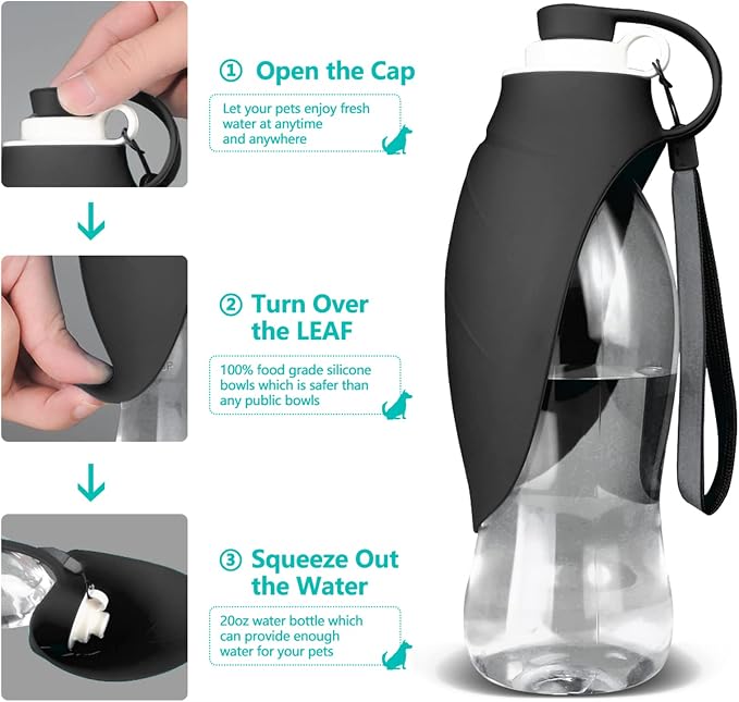 TIOVERY Dog Water Bottle, Portable Pet Water Dispenser Feeder Leak Proof with Drinking Cup Dish Bowl for Outdoor Walking, Hiking, Travel, 20OZ Water Bottle Fit for Small to Large Dogs and Cats Black - Image 4
