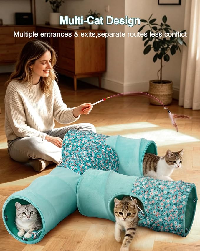 Cat Tunnel, 3 Straight Shaped Tunnels 6 DIY Shapes with Wand Toys, No Noise Scratch Resistant Cool Linen Fabric, Interactive Pet Tunnel Tube for Indoor Cats, Puppy and Rabbits - Image 7