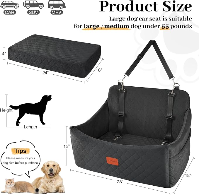 Wooaidagg Dog Car Seat for Medium & Large Dogs Up to 55lbs, Memory Foam Cushion, Washable Cover, Safety Straps & Non-Slip Bottom(Black,Large) - Image 3