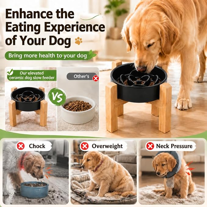 Elevated Ceramic Slow Feeder Dog Bowls Anti-Choking Slow Feeding for Small&Medium Size Anti-Slip Non-Lead & Toxic Durable Easy to Clean Maze Slow Feeder Bowl（8.26in Black Flower Pattern） - Image 4