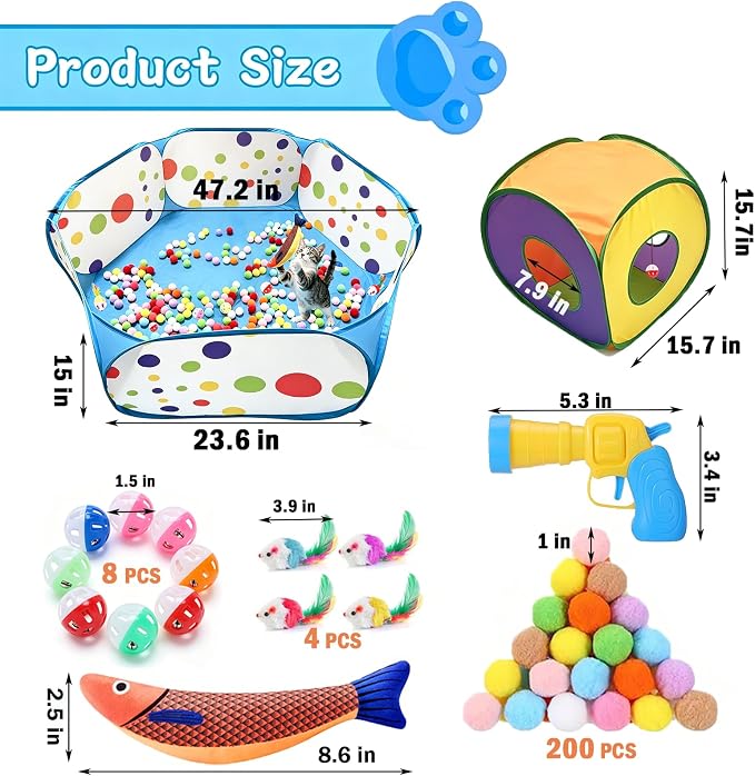 Ball Pit and Tunnel Tent for Cats, with 200 Pom‑pom Balls, 1 Ball Launcher, 8 Bell Balls, 4 Colorful Mice and 1 Saury Fish, Foldable Indoor & Outdoor Cat Activity Center for Interactive Play - Image 3