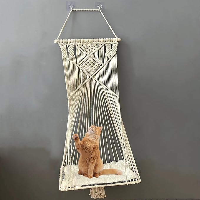 Macrame Hanging Cat Hammock Bed Cat Swing House Space Saving Window Perch with Washed Cotton Cats Toy Tassel Basket Tapestry (Beige, Swing Bed+Cushion) - Image 3