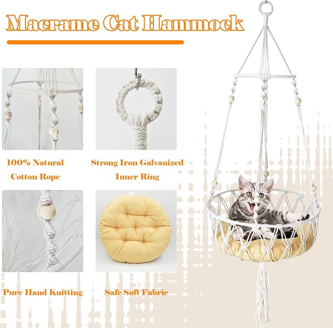 Macrame Cat Hammock Bed,Handwoven Hanging Boho Cat Bed with Hanging Kit for Indoor Outdoor Home Decor Ceiling Catio Swing for Playing Sleeping Climbing and Lounging(15.74x15.74x47.24IN)(L) - Image 7