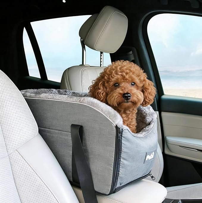 Pet Car Center Console Elevated Armrest Car Seat for Small Puppy, Dogs & Cats (Up to 10 lbs) – Dark Gray Washable Plush Carrier with Safety Leash, Fits Front Vehicle Console Space (Grey) - Image 9
