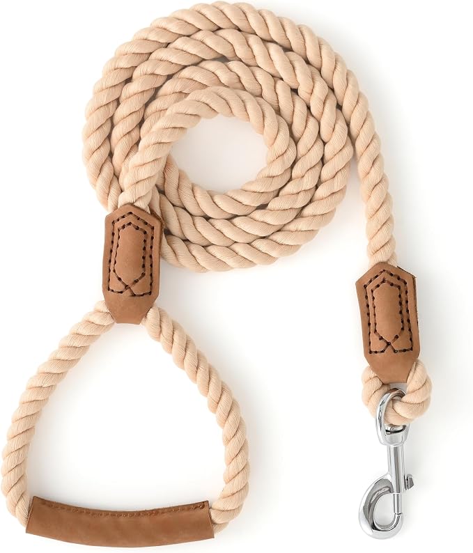 Mile High Life Dog Leash Braided Cotton Rope w/Leather-Wrapped Ends/Handle | Rust-proof 360° swivel clasp, Heavy-duty for medium/large dogs. Great for weddings, daily walks (4 FT, 1/2", Light Brown) by MileHighLife