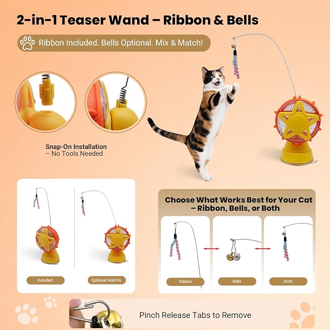 2 in 1 Ferris Wheel Interactive Cat Toy, Treat Dispenser Puzzle Feeder with Twist-Lock Suction Cup Base & Teaser Wand with Bells, Slow Feeder Enrichment Toy for Indoor Cat Boredom Relief - Image 5