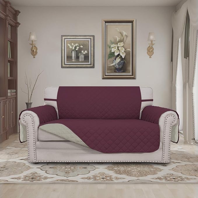 Easy-Going Reversible Couch Cover, 2 Cushion Sofa, Loveseat, Wine/Beige | Machine Washable Slipcover For Dogs, Water Resistant Furniture Mat For Living Room, Non-Slip Sofa Cover, Pet Friendly - Image 2