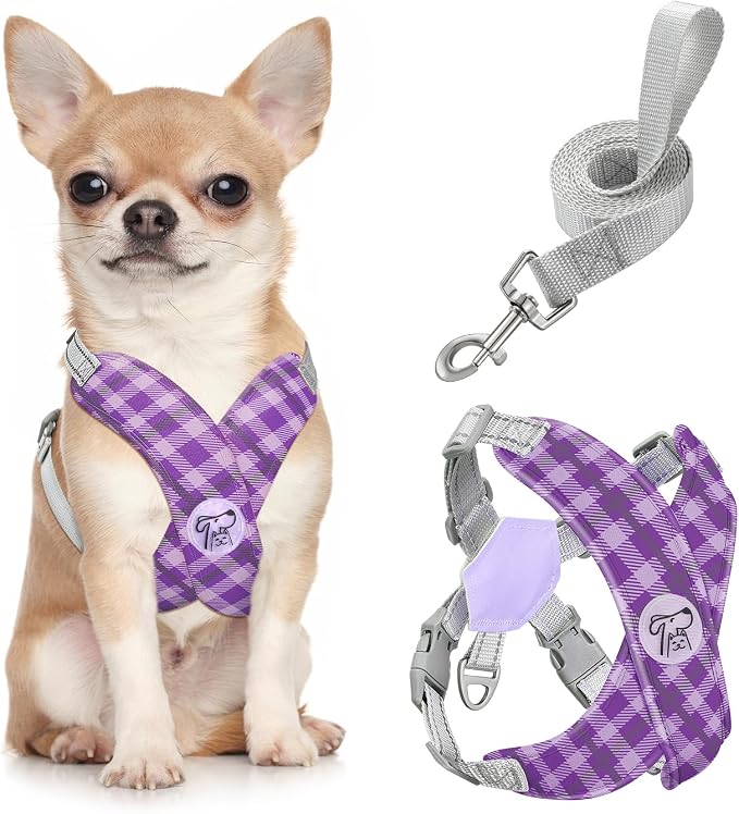 Pawaboo Small Dog Harness and Leash Set, Puppy Harness X-Frame Adjustable | Dog Vest Harness for Small Medium Sized Dogs No Pull No Choke, Soft Breathable Pet Harness for Walking Outing, S,Purple Plaid by Pawaboo