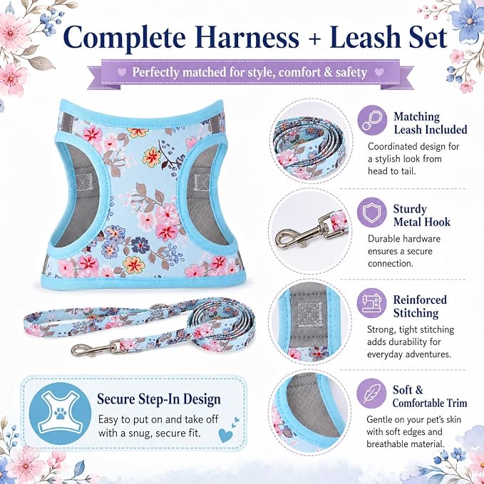Step in Dog Harness Leash Set- All Weather Reflective No-Pull Floral Pattern Padded Mesh Vest Harness for Cats Puppy Extra-Small Small Medium Large Dogs - Bell Orchid - S - Image 2